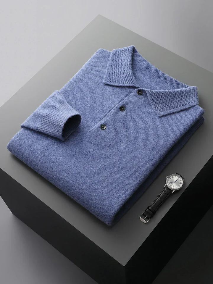 Cozy long sleeve sweater polo for men, a casual knit top perfect for cooler weather & layering.