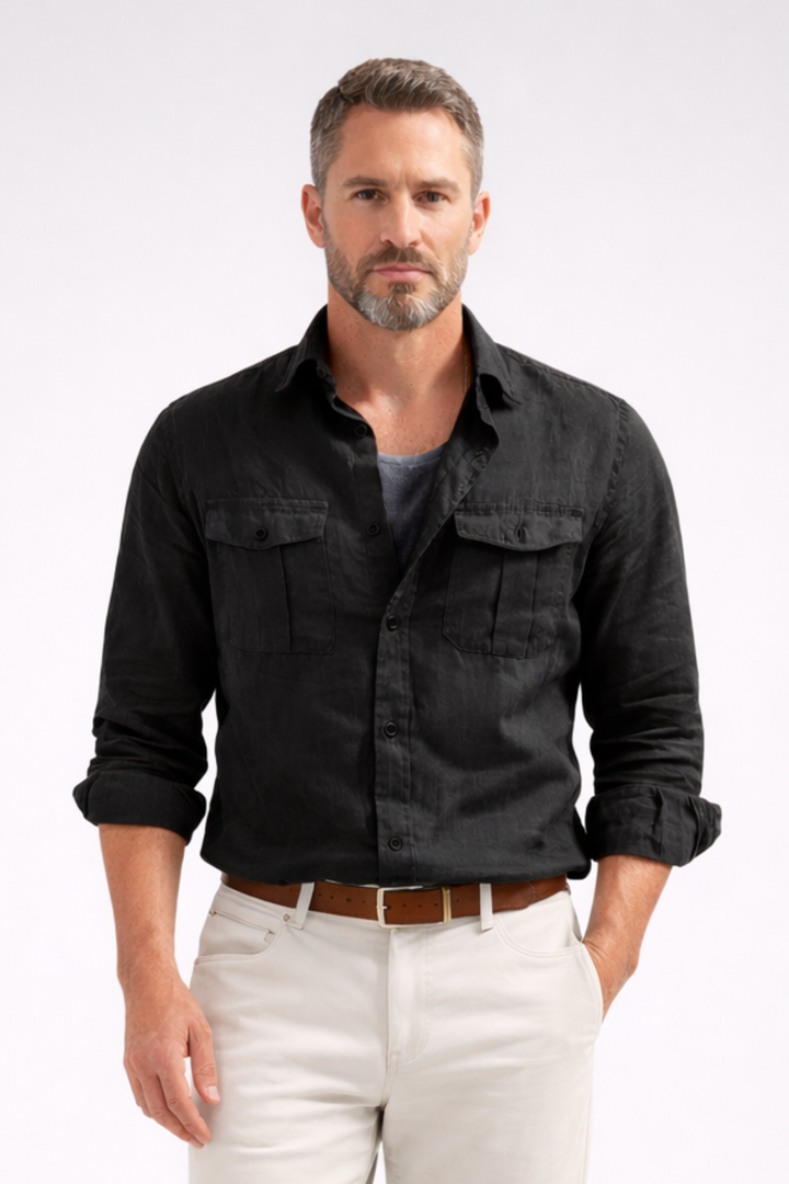Men's casual long sleeve light blue shirt with double chest pockets.