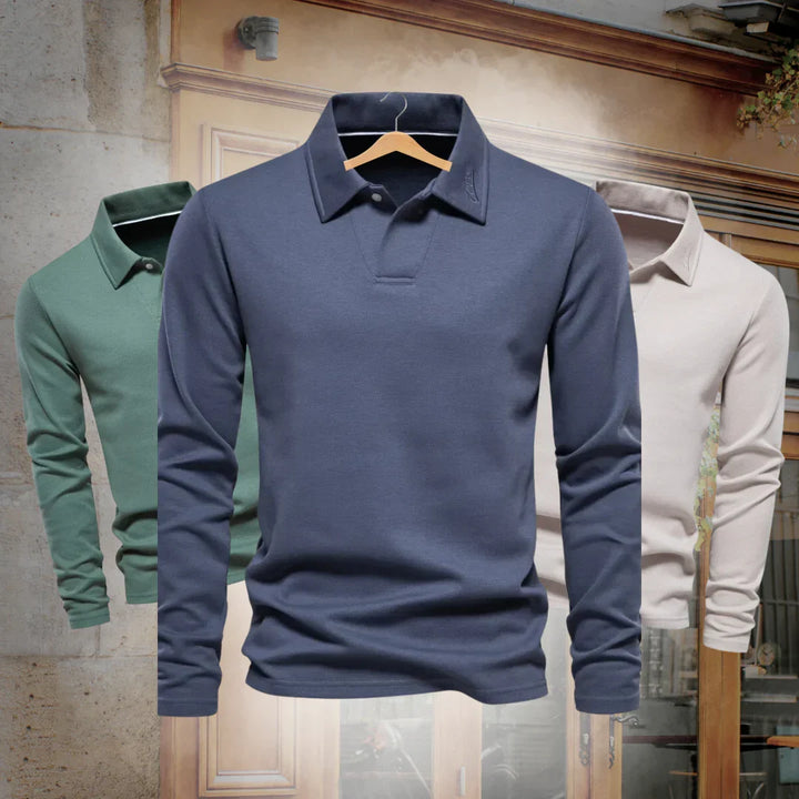 Men's casual long-sleeve polo sweater, knitted for everyday comfort & versatile stylish men's fashion. Button-up collar.