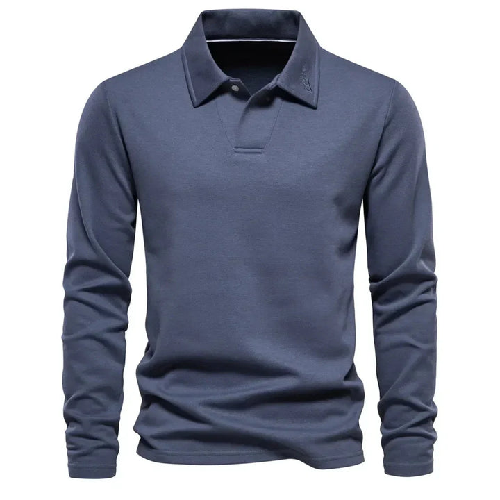 Stylish men's knitted polo sweater with long sleeves & button-up collar. Perfect for versatile casual wear & comfort.