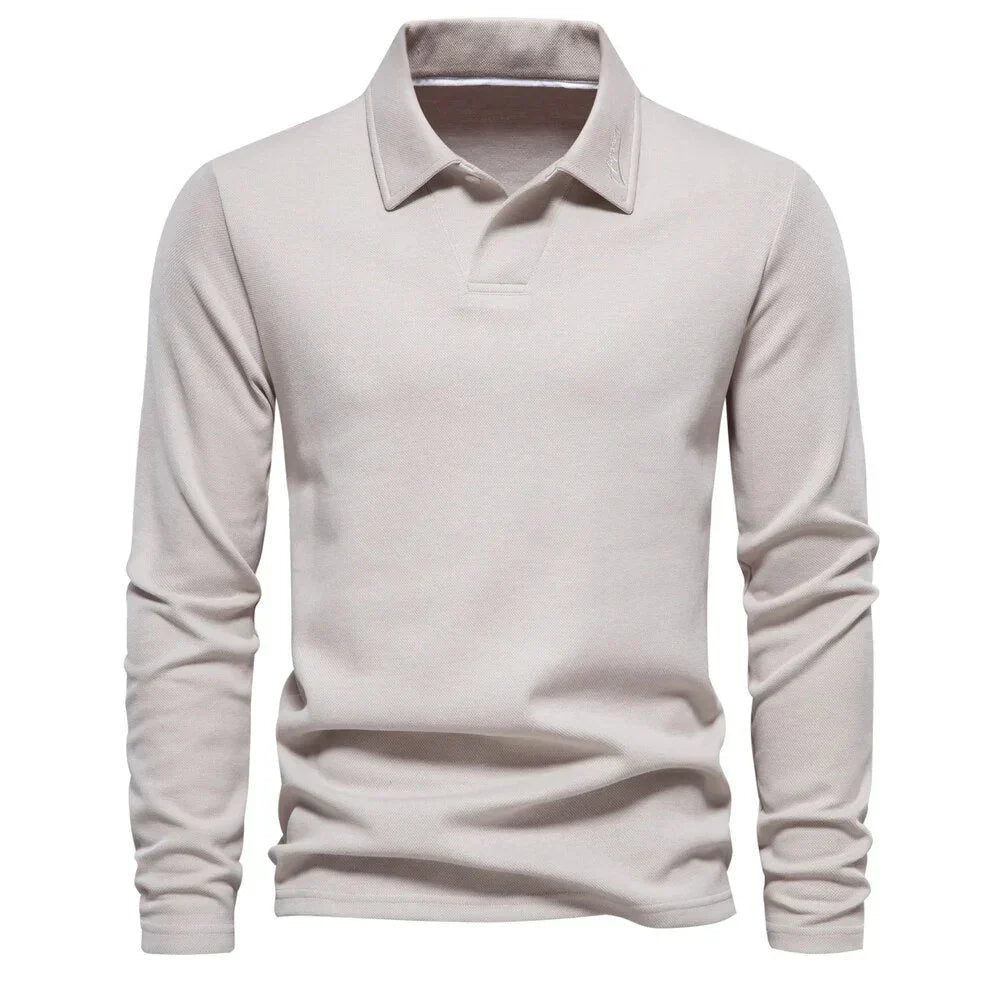New men's long-sleeve polo sweater. A comfortable, stylish, button-up knitted top for modern casual wear & fashion.