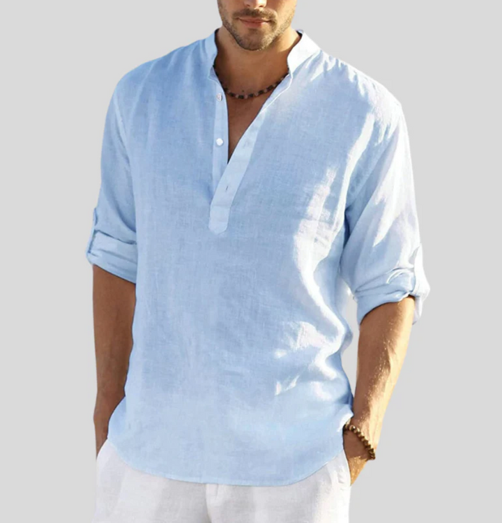Stylish men's long sleeve top, button placket, relaxed summer wear, versatile for everyday.