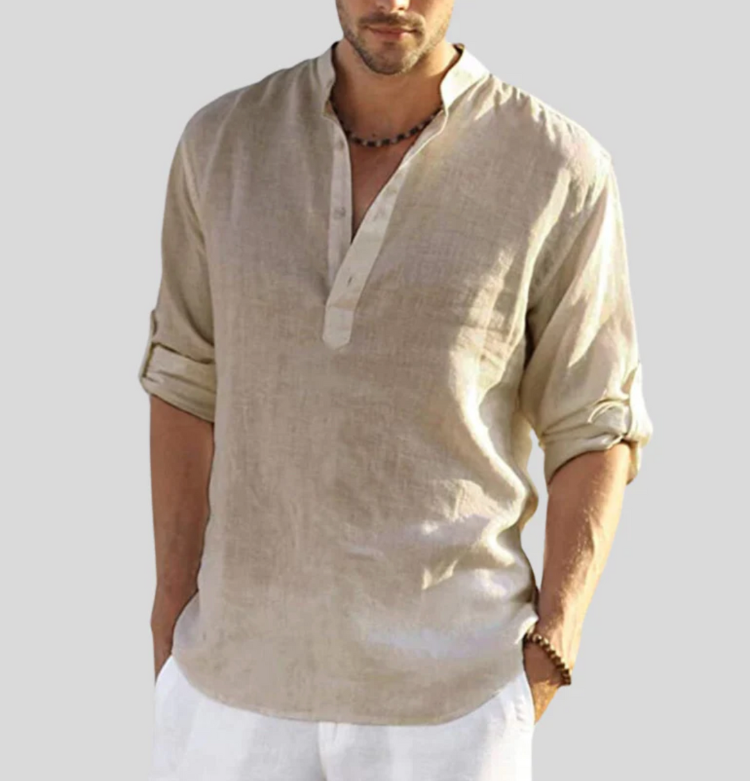 Men's long sleeve button placket shirt, casual and comfortable, perfect for a relaxed summer look.