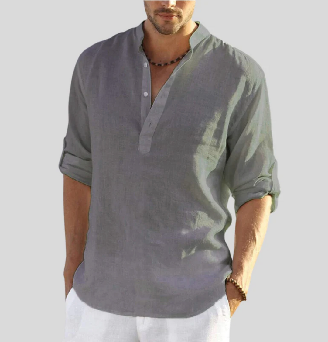 Stylish men's relaxed fit long sleeve shirt with button placket, essential for casual summer outfits.