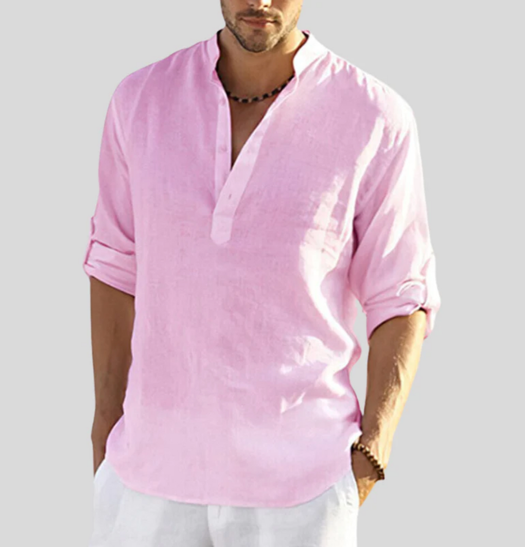 Men's summer casual long sleeve shirt, button placket, relaxed fit for ultimate warm weather comfort.