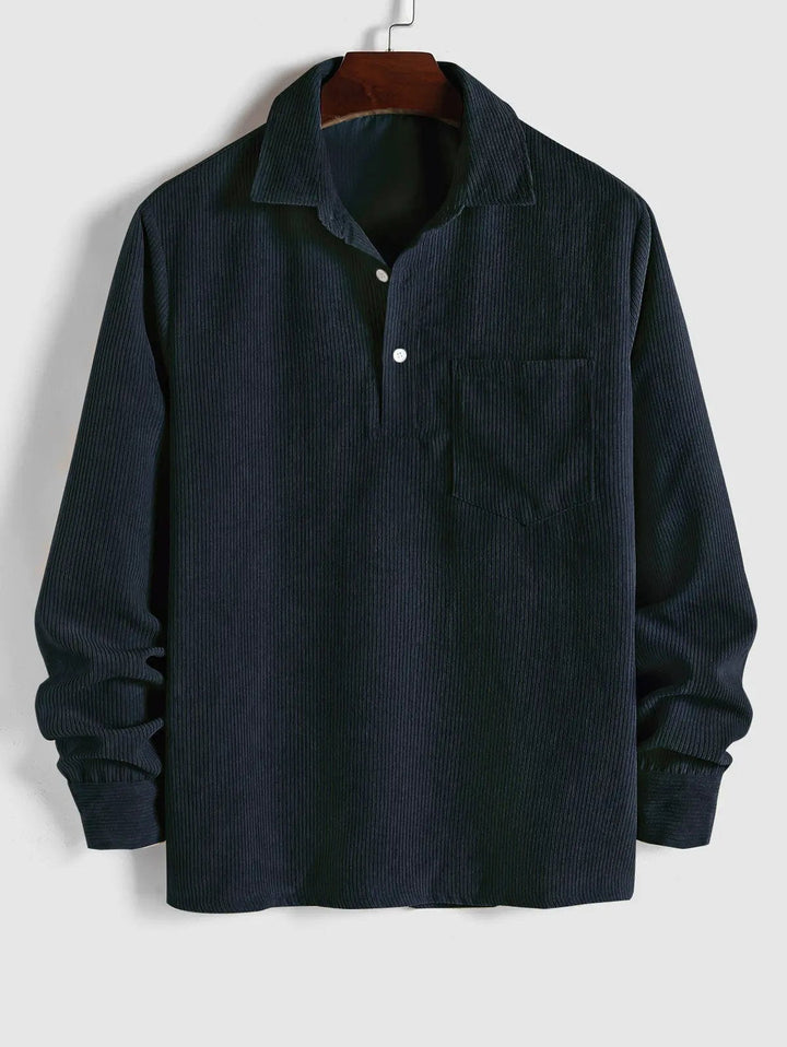 Men's casual long sleeve shirt with chest pocket and camp collar.