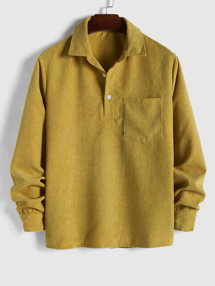 Explore men's style with this long sleeve camp collar shirt.