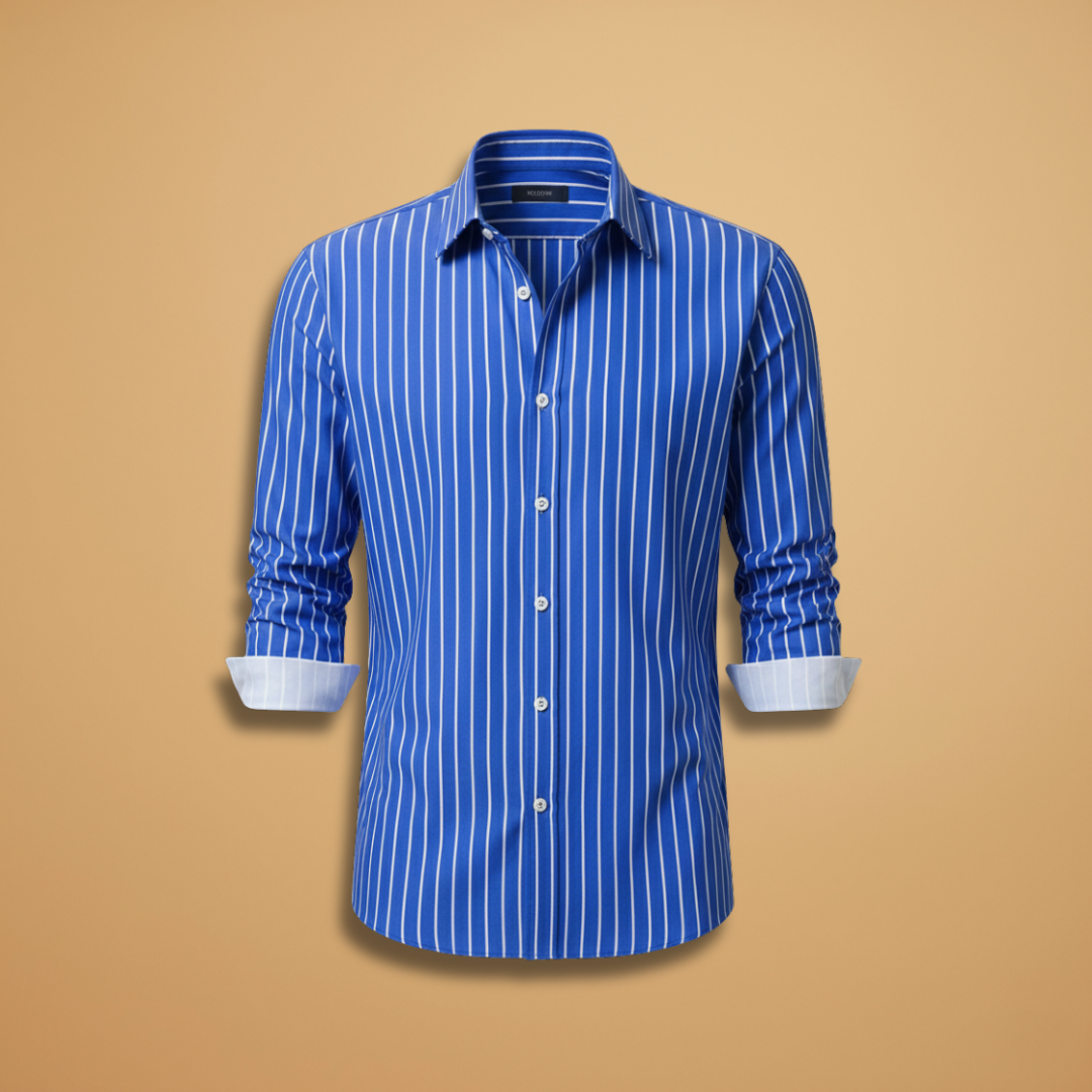 Men's casual long sleeve shirt with horizontal stripes and notched collar