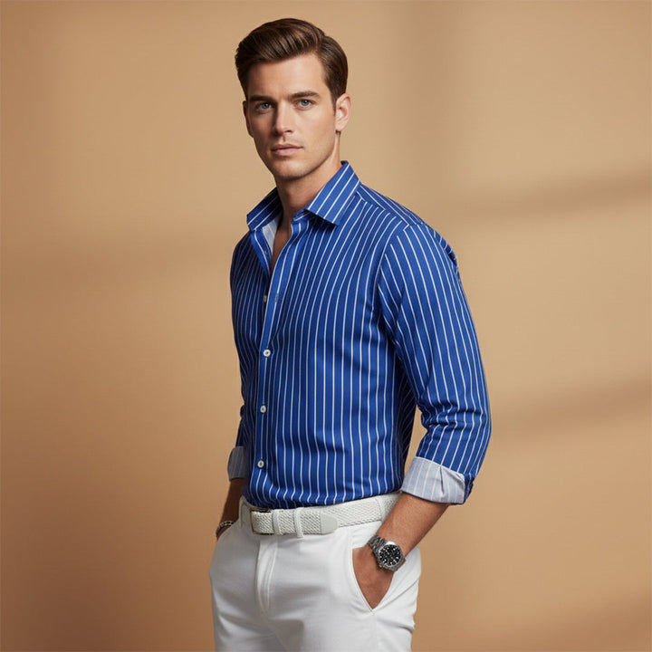 Model wearing a men's relaxed fit striped casual shirt with a notched neckline