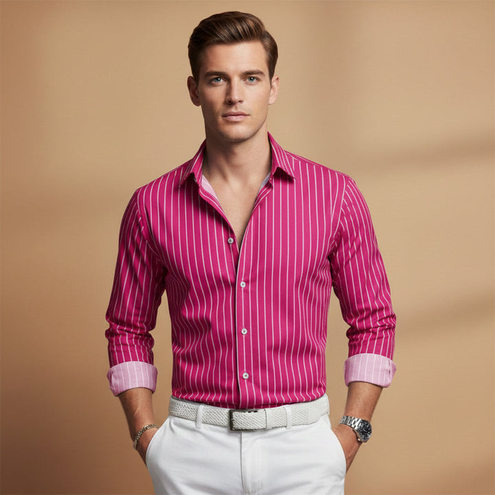 Front view of a men's horizontal striped shirt with a modern notched collar design
