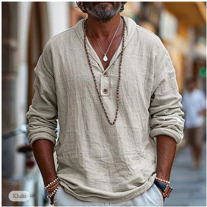Men's casual long-sleeve v-neck shirt, lightweight cotton blend for comfortable everyday wear.