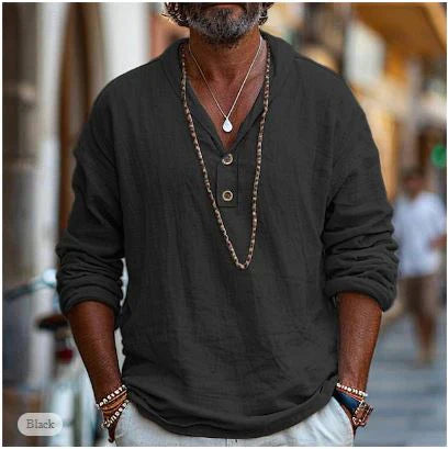 Lightweight men's casual shirt with long sleeves and a comfortable v-neck, perfect for everyday.