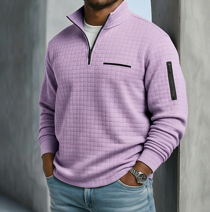 Stylish men's crew neck waffle knit sweater for comfortable everyday wear.