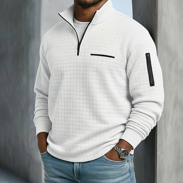Versatile men's long sleeve waffle sweater, great for casual outfits & spring/fall fashion.