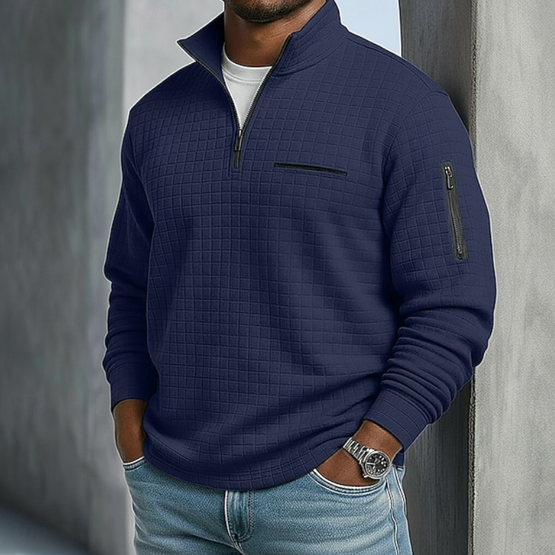 Modern men's casual waffle knit sweater, a stylish long sleeve pullover for everyday comfort.