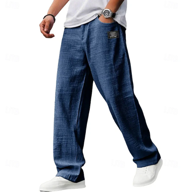Back view of relaxed fit men's casual trousers, highlighting loose comfort and versatility for everyday use.