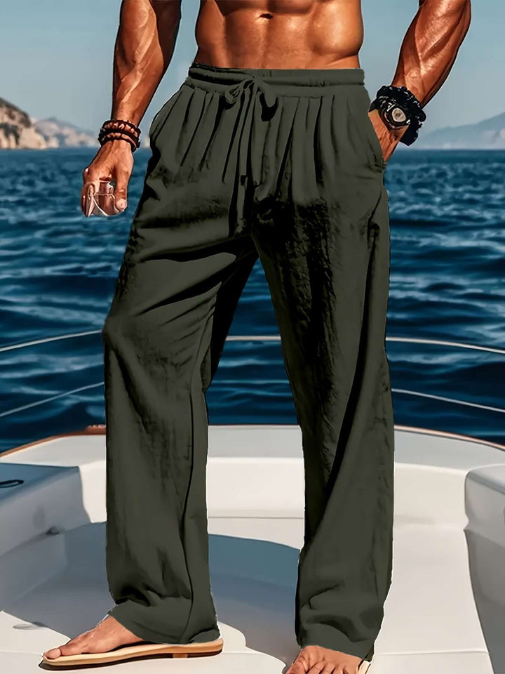 Loose fit men's pants, breathable fabric, great for summer casual and relaxing.