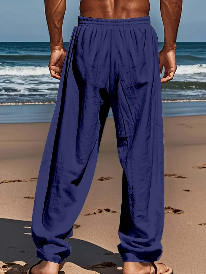Lightweight men's casual pants, ideal beachwear or comfortable holiday trousers.