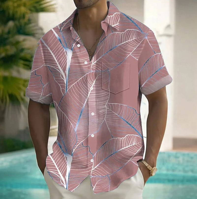 Men's casual pattern shirt, short sleeve, relaxed fit, perfect for summer vacation and warm weather fashion.