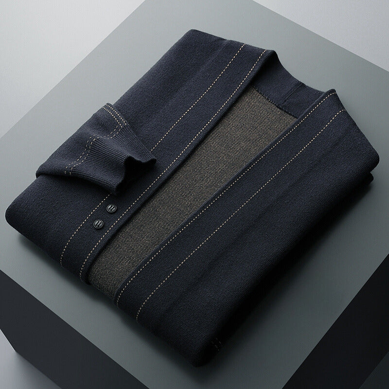 Men's plaid cardigan paired with jeans, a stylish casual sweater for modern men's fashion.