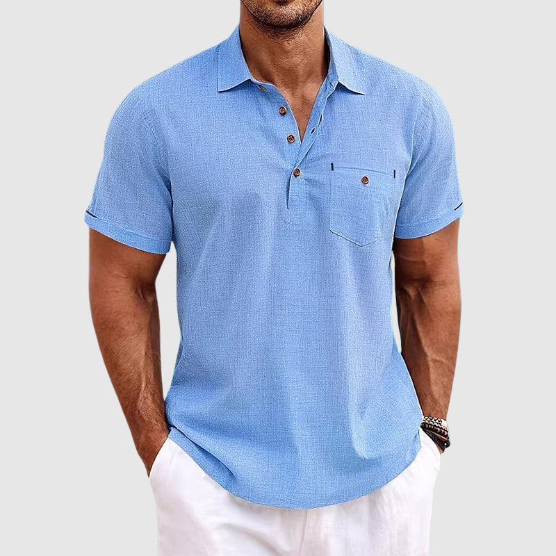 Men's casual polo shirt, short sleeve, with chest pocket & button placket for summer comfort & everyday style.