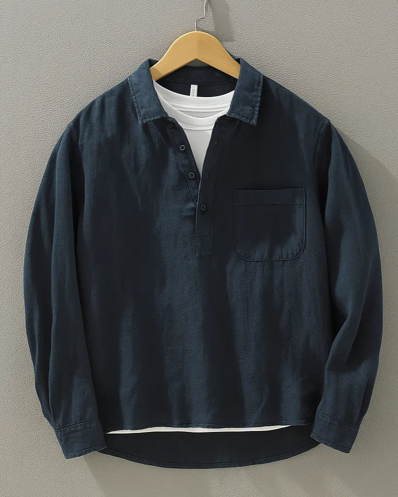 Men's casual popover shirt, relaxed fit long sleeve, comfortable for everyday wear. Modern summer fashion.