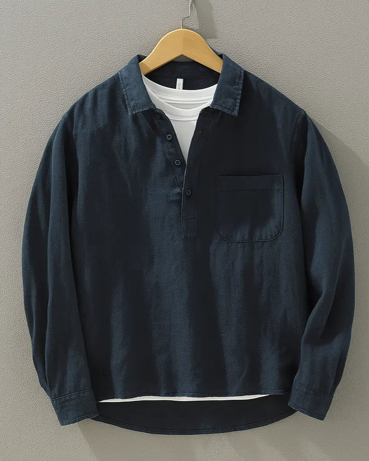 Men's casual popover shirt, relaxed fit long sleeve, comfortable for everyday wear. Modern summer fashion.