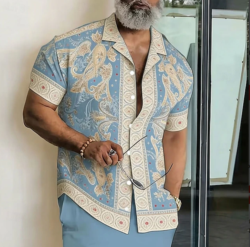Men's tropical print short-sleeve resort shirt, a casual button-up top for summer beach vacations.