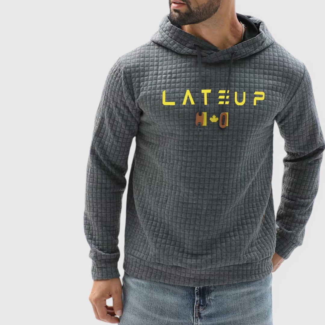 Men's casual pullover hoodie in grey, comfortable for fall & winter loungewear.