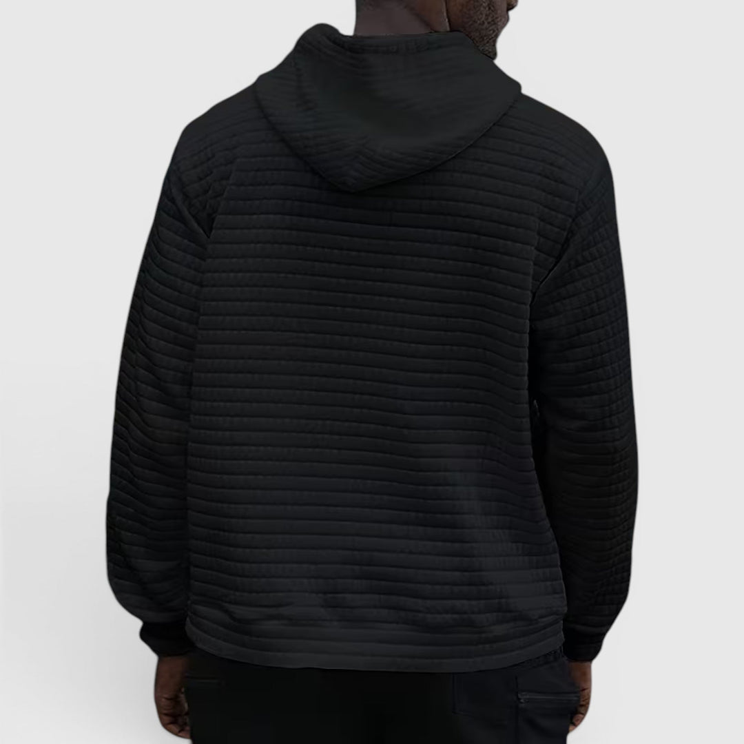 Grey men's casual winter hoodie, comfortable for outdoor & indoor activities.