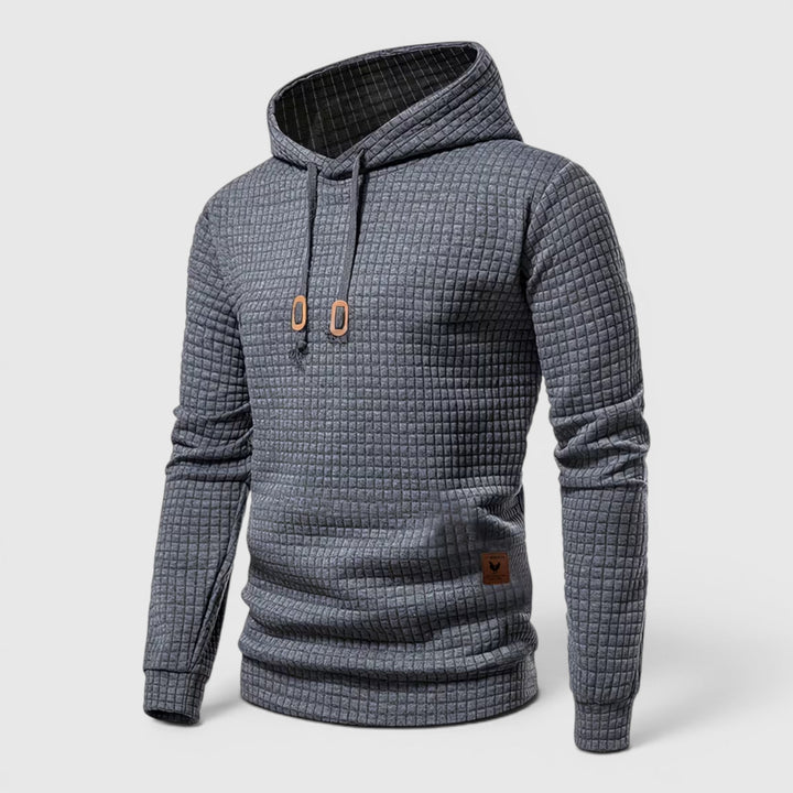 Navy men's fall pullover hoodie, soft & comfortable for casual layered looks.