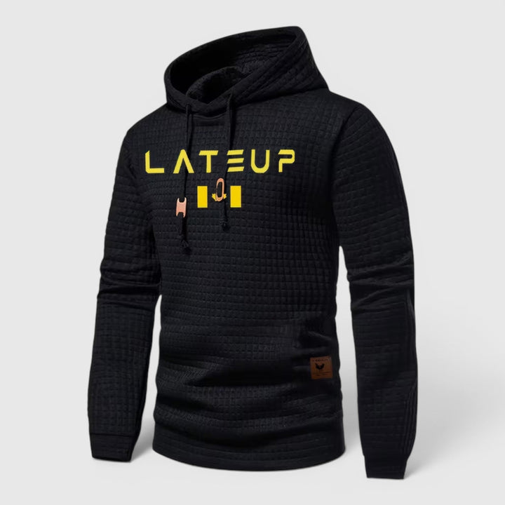Navy blue men's textured hoodie, versatile casual pullover for fall comfort.