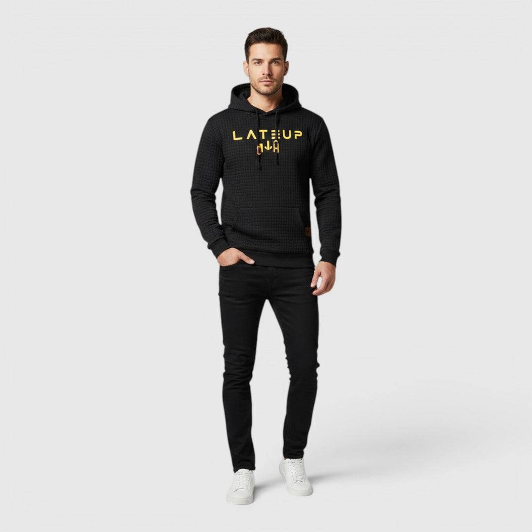 Modern men's casual pullover hoodie, comfortable loungewear for winter.