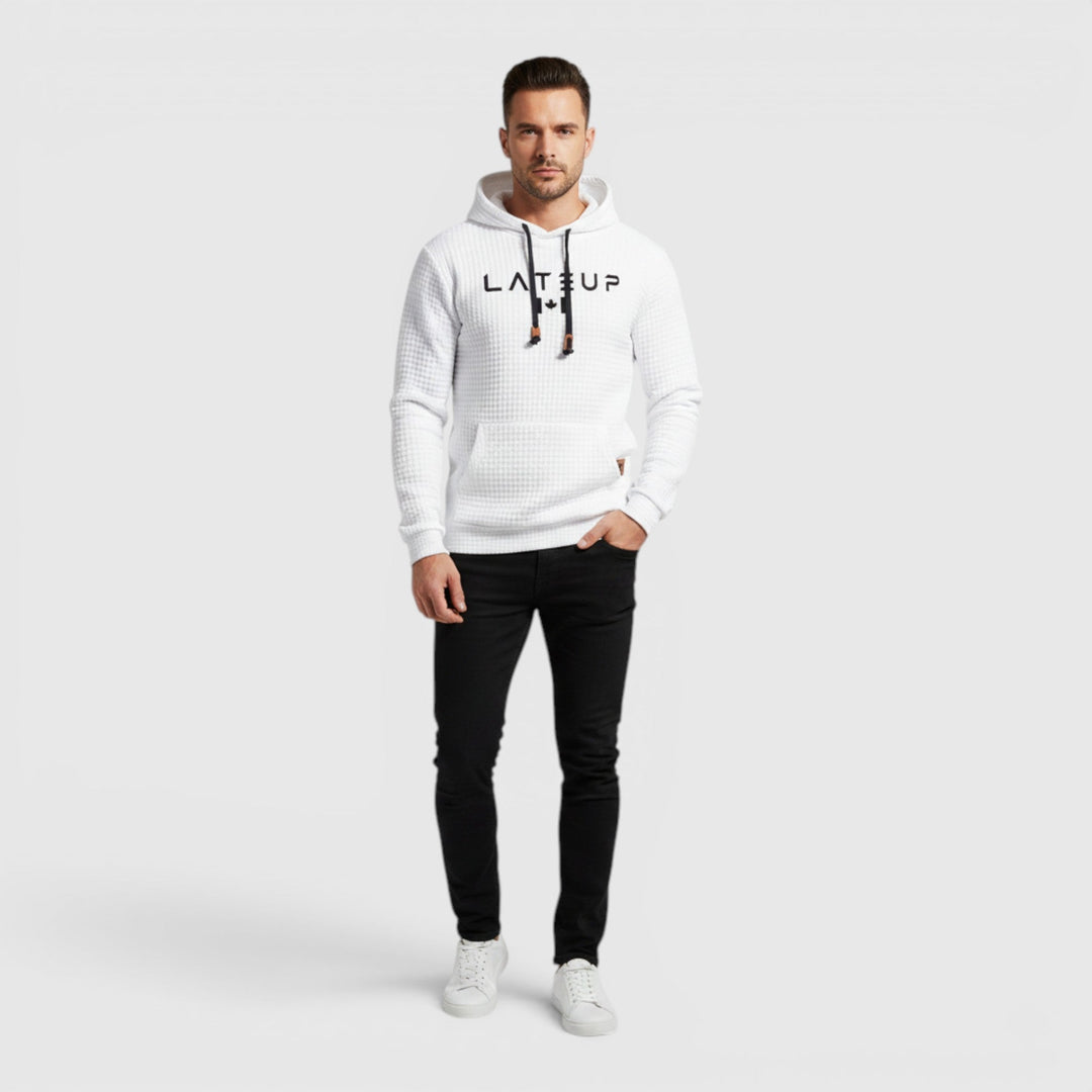 Navy blue men's casual pullover hoodie, cozy loungewear for winter comfort.