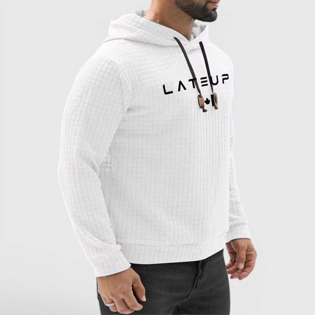 Modern men's pullover hoodie, ideal casual loungewear for chilly fall days.