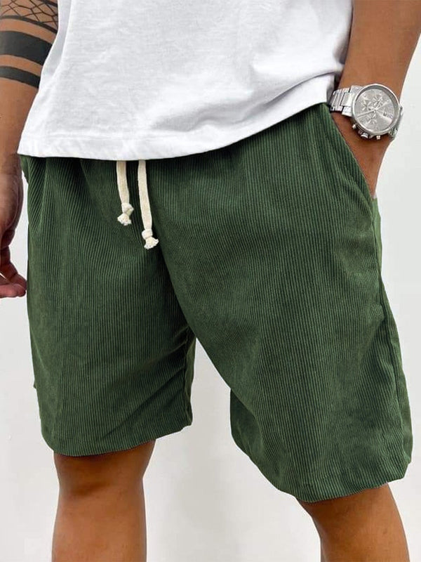 Detailed view of the unique ribbed corduroy texture on men's comfortable casual stretch shorts.