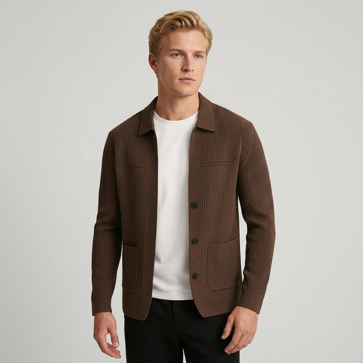 Men's casual ribbed knit cardigan with collar & button front. Perfect for everyday comfort & layering.