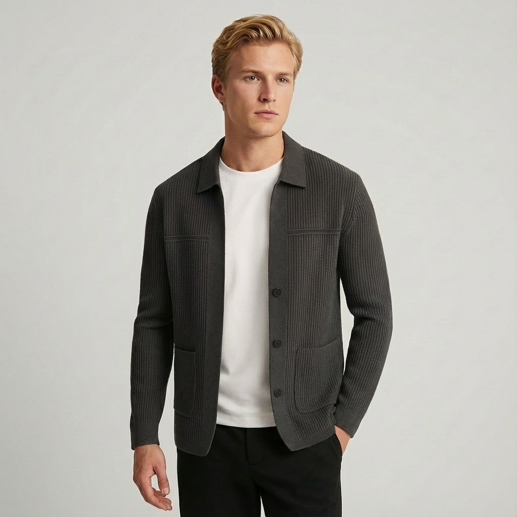 Comfortable men's everyday cardigan. Ribbed knit, collared, button-front for versatile styling.