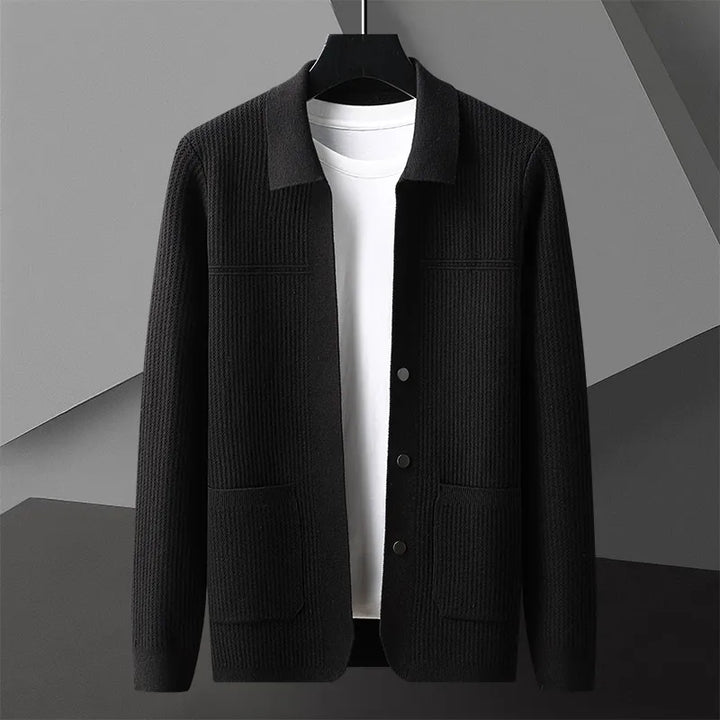 Stylish men's ribbed button-front cardigan. Collared design, knit for a modern smart-casual look.