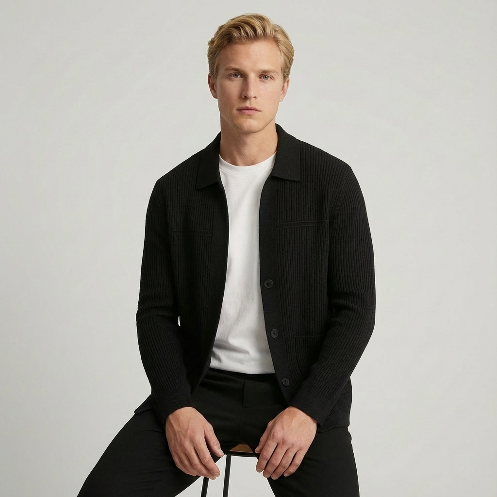 Men's casual fall cardigan. Ribbed knit with collared neckline & button front for easy layering.