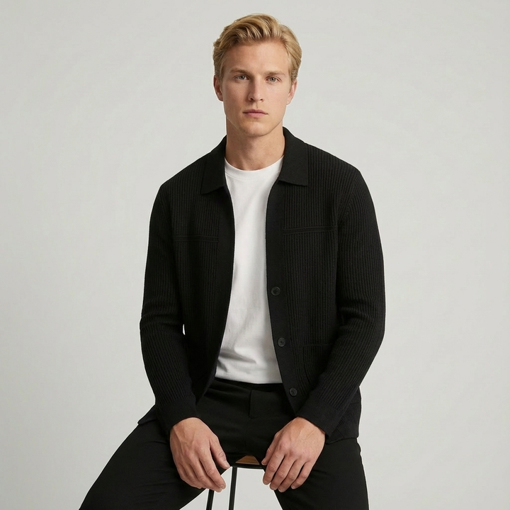 Men's casual fall cardigan. Ribbed knit with collared neckline & button front for easy layering.