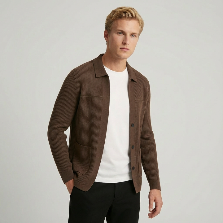 Stylish men's ribbed collared cardigan. Button-front design, ideal for smart-casual fall fashion.