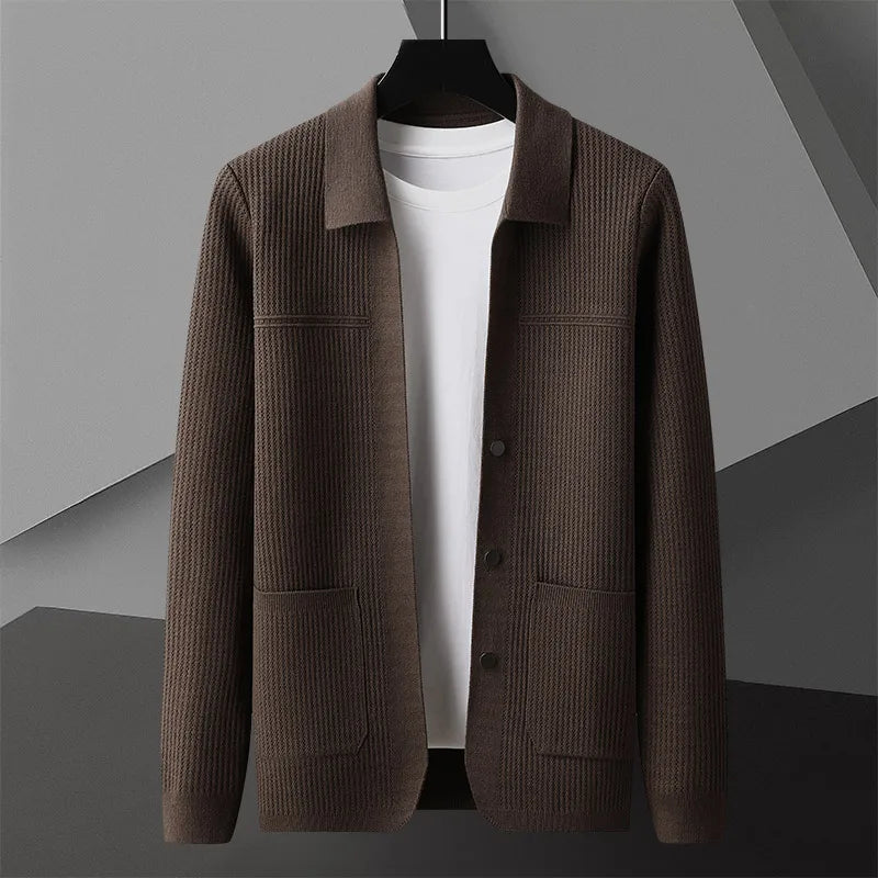 Everyday men's knit cardigan. Ribbed collared style, button-up front. Great for casual wear.