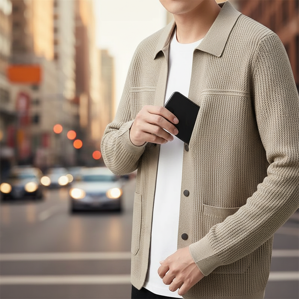 Men's fall fashion ribbed cardigan. Collared, button-front, knit for warmth & smart-casual look.