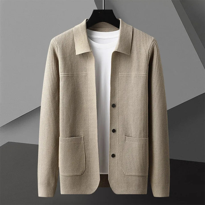 Versatile men's casual cardigan. Ribbed knit with collar & button closure. Layering essential.