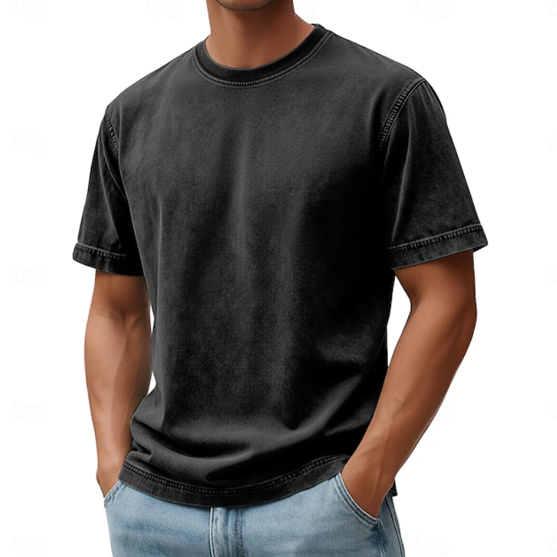 Close-up of lightweight, breathable fabric of a men's casual summer round neck shirt, ideal for comfort.