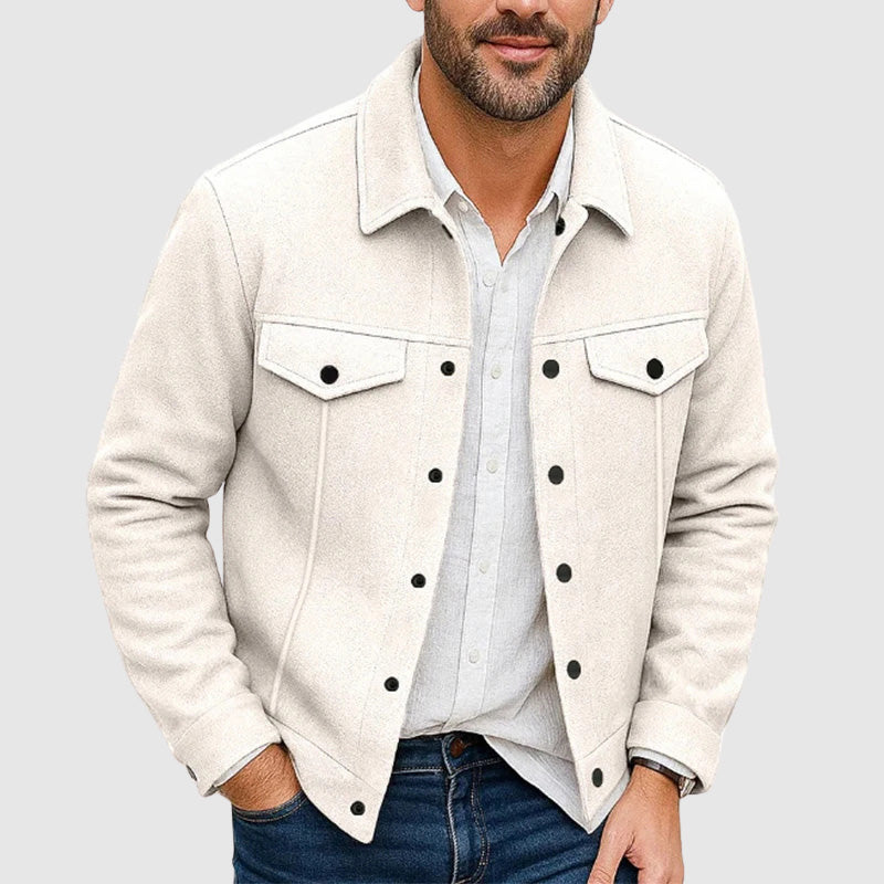 Timeless men's casual shirt jacket. Comfortable outerwear with collar, front pockets, perfect for fall fashion.