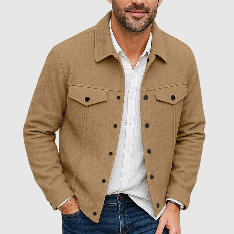 Fall fashion men's shirt jacket. Durable casual outerwear with a collar and practical front pockets.