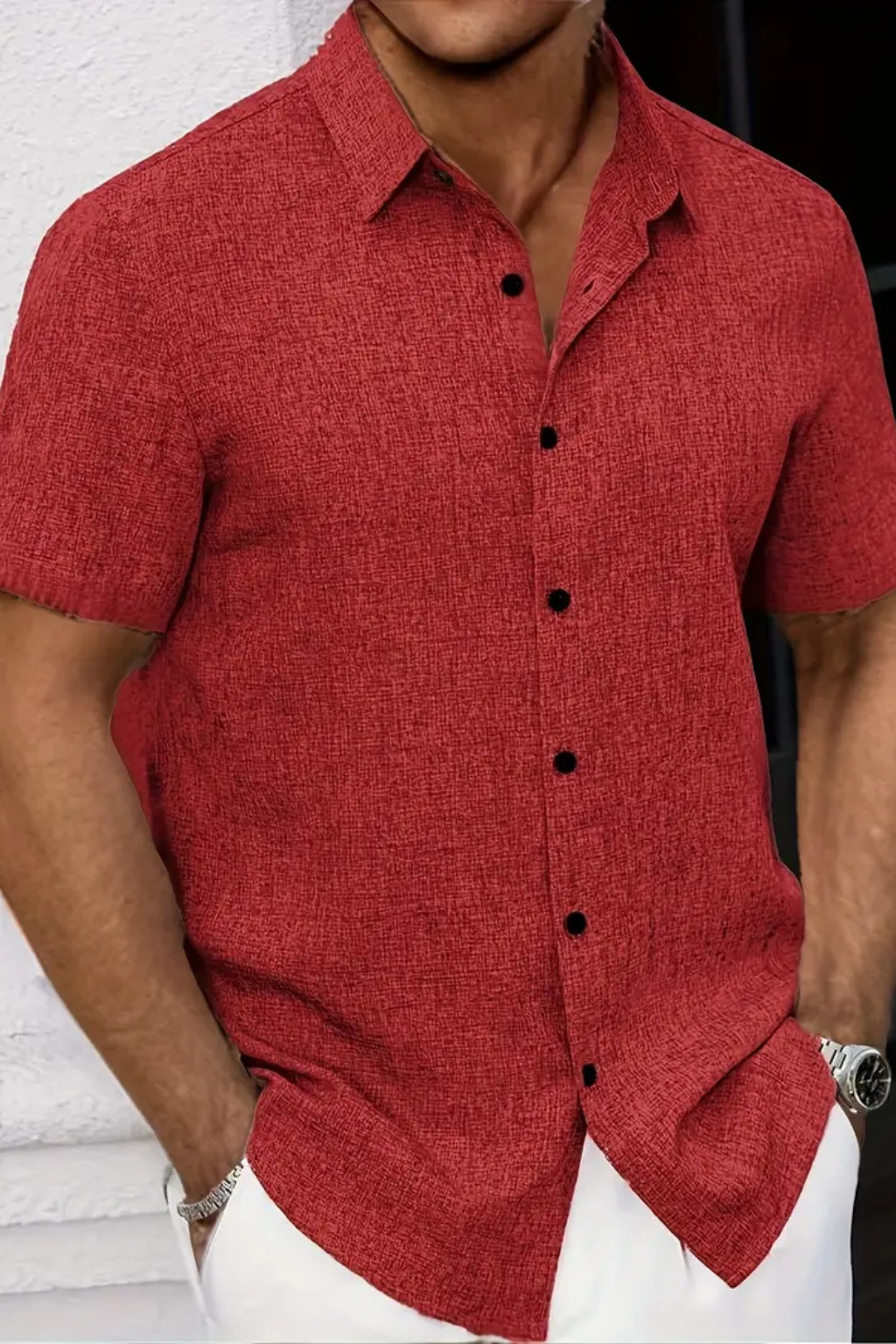 Stylish men's casual short sleeve button down shirt, summer fashion, relaxed fit everyday wear.