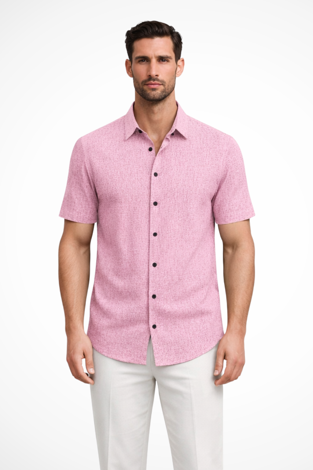 Relaxed fit men's short sleeve button down shirt, casual summer wear, comfortable for warm weather.
